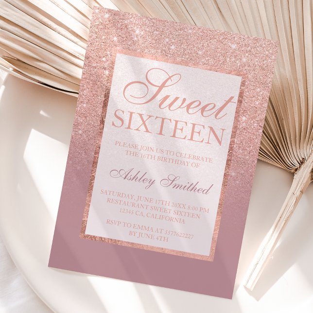 Faux rose gold glitter elegant dusty rose Sweet 16 Invitation (Creator Uploaded)