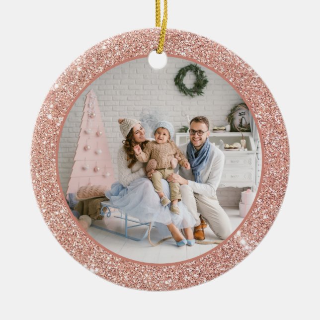 Faux Rose Gold Glitter Family Photo Christmas Ceramic Ornament (Front)