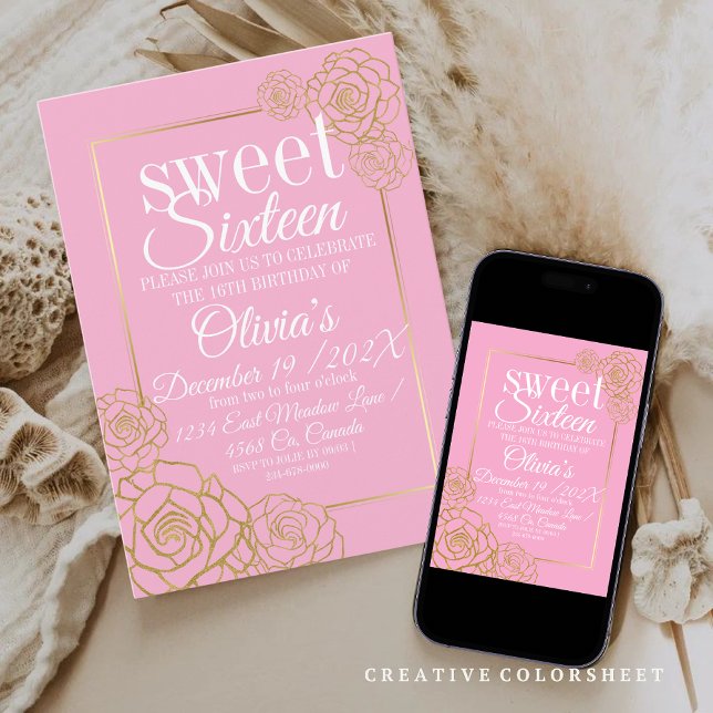 Faux rose gold glitter floral elegant Sweet 16  Invitation (Creator Uploaded)