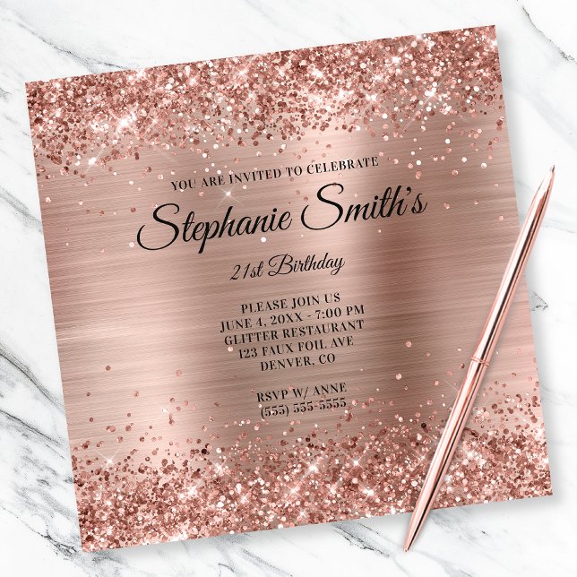 Faux Rose Gold Glitter Foil Monogram 21st Birthday Invitation (Create your own milestone birthday invitation for her.)
