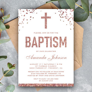 Faux Rose Gold Glitter Girls Baptism Invitation