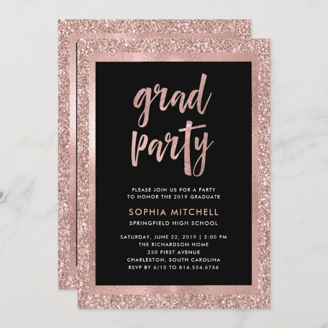 Faux Rose Gold Glitter | Graduation Party Photo Invitation (Front/Back)