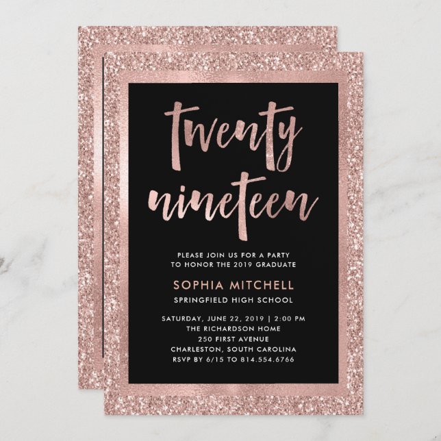 Faux Rose Gold Glitter | Graduation Party Photo Invitation (Front/Back)