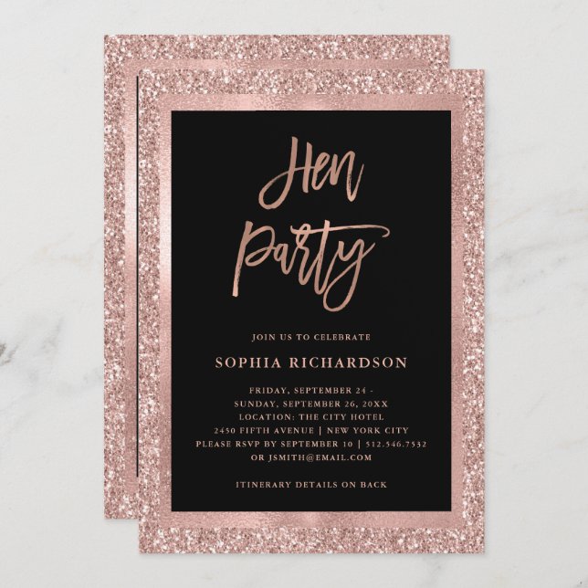 Faux Rose Gold Glitter | Hen Party with Itinerary Invitation (Front/Back)