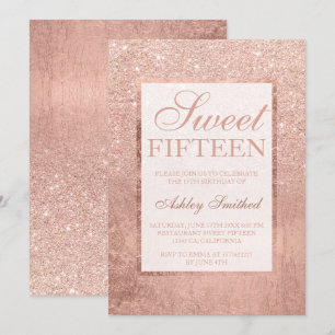Faux rose gold glitter leaf elegant chic Sweet 15 Invitation