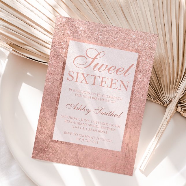Faux rose gold glitter leaf elegant chic Sweet 16 Invitation (Creator Uploaded)