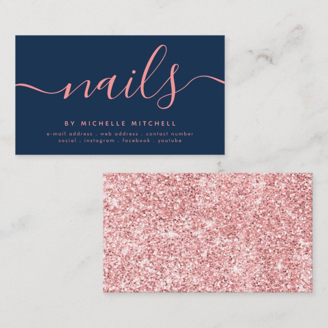 Faux Rose Gold Glitter Nail Technician Navy  Business Card (Front/Back)