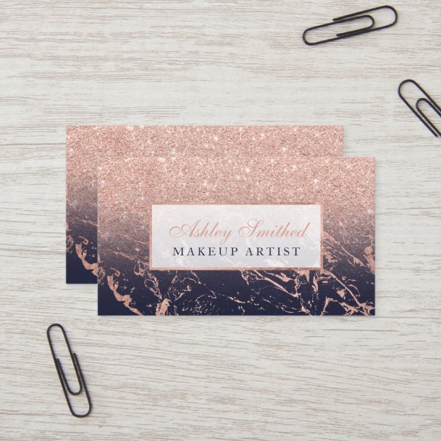 Faux rose gold glitter navy blue marble makeup business card (Front/Back In Situ)