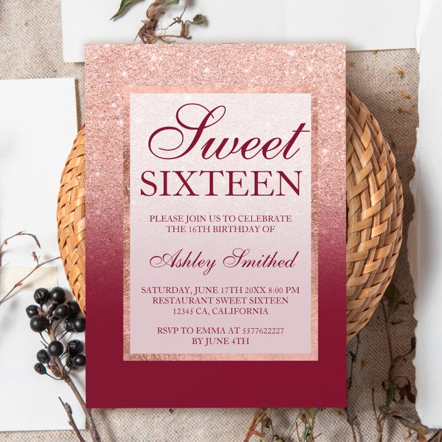 Faux rose gold glitter ombre burgundy Sweet 16 Invitation (Creator Uploaded)