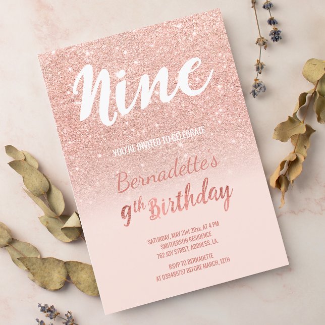 Faux rose gold glitter ombre nine Birthday Invitation (Faux rose gold glitter ombre nine Birthday Invitation)