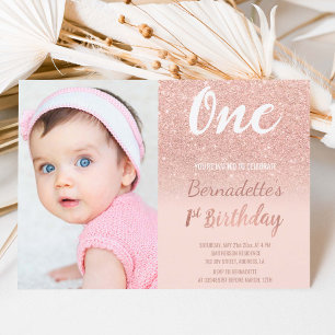 Faux rose gold glitter ombre photo first Birthday Invitation