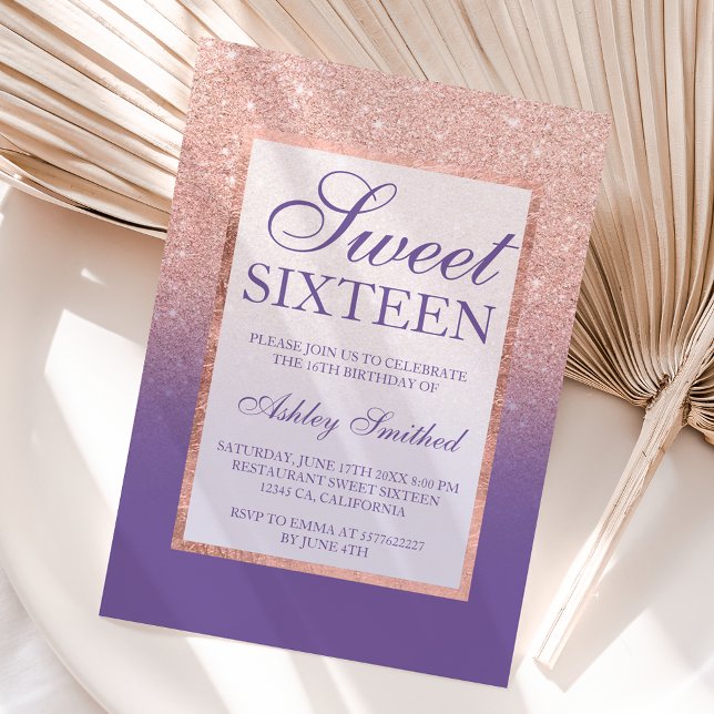 Faux rose gold glitter ombre purple Sweet 16 Invitation (Creator Uploaded)