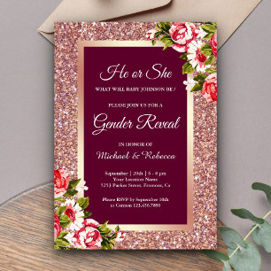 Faux Rose Gold Glitter Pink Floral Gender Reveal Invitation