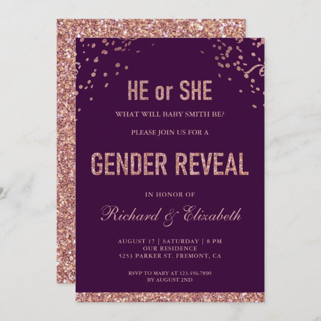 Faux Rose Gold Glitter Purple Gender Reveal Party Invitation (Front/Back)