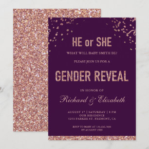 Faux Rose Gold Glitter Purple Gender Reveal Party Invitation