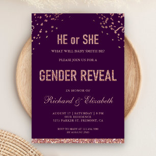 Faux Rose Gold Glitter Purple Gender Reveal Party Invitation