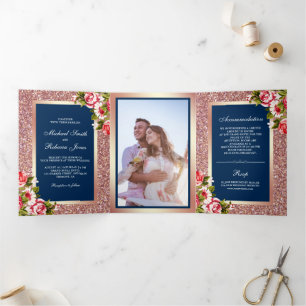 Faux Rose Gold Glitter Sparkle Floral Blue Wedding Tri-Fold Invitation
