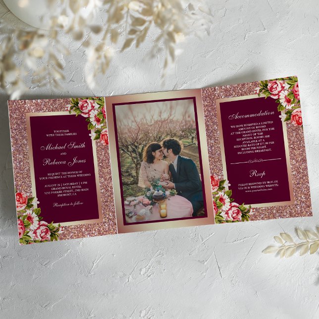 Faux Rose Gold Glitter Sparkle Pink Floral Wedding Tri-Fold Invitation (Creator Uploaded)