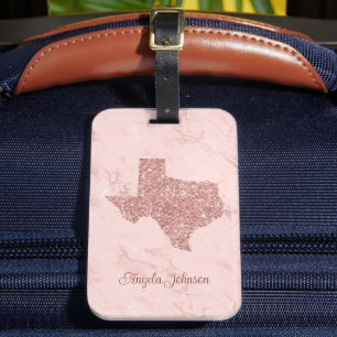 Faux Rose Gold Glitter Texas Marble Luggage Tag