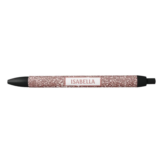 Faux Rose Gold Glitter Texture Look & Custom Text Black Ink Pen (Front)