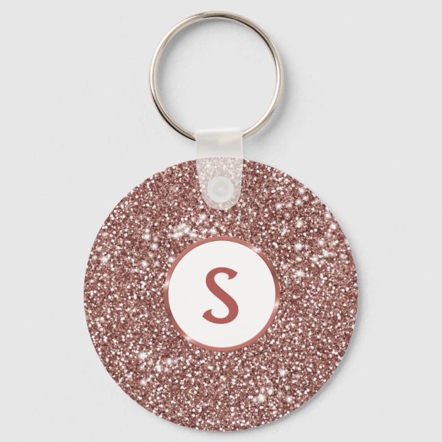 Faux Rose Gold Glitter Texture & Monogram Key Ring (Front)
