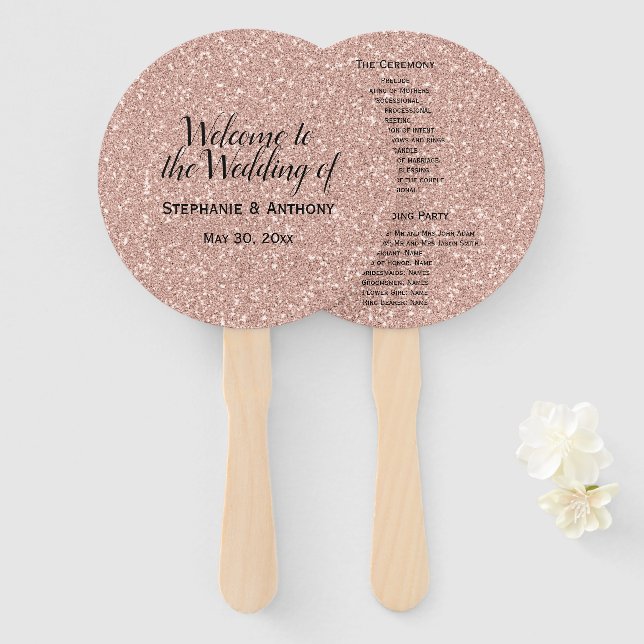 Faux Rose Gold Glitter Wedding Welcome Hand Fan (Front and Back)