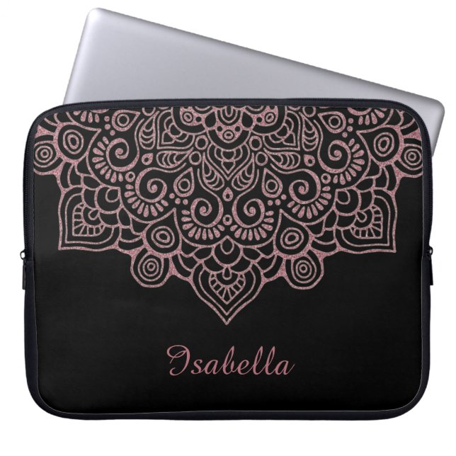 Faux rose gold Gold Intricate Lace Mandala BLACK Laptop Sleeve (Front)