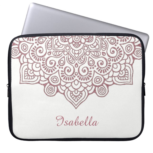 Faux rose gold Gold Intricate Lace Mandala white Laptop Sleeve (Front)