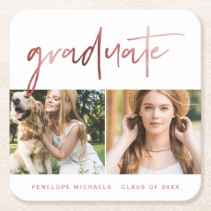 Faux Rose Gold Graduate Script Photo Grid White Square Paper Coaster