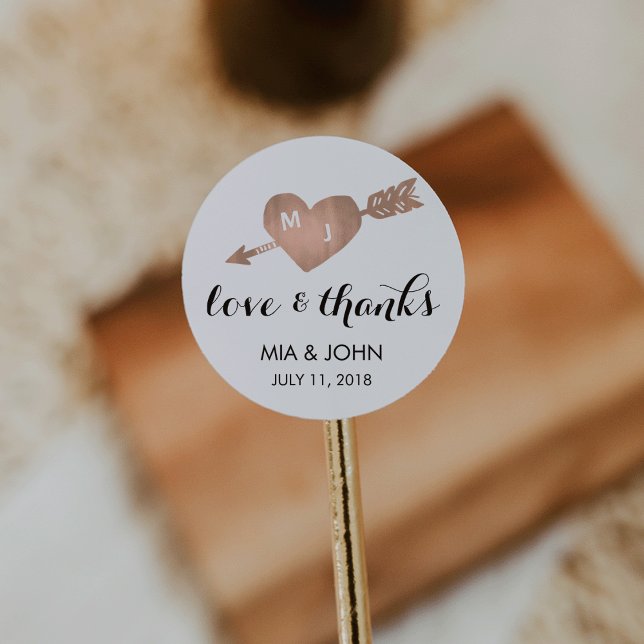 Faux Rose Gold Heart Thank You Wedding Favour Classic Round Sticker (Creator Uploaded)