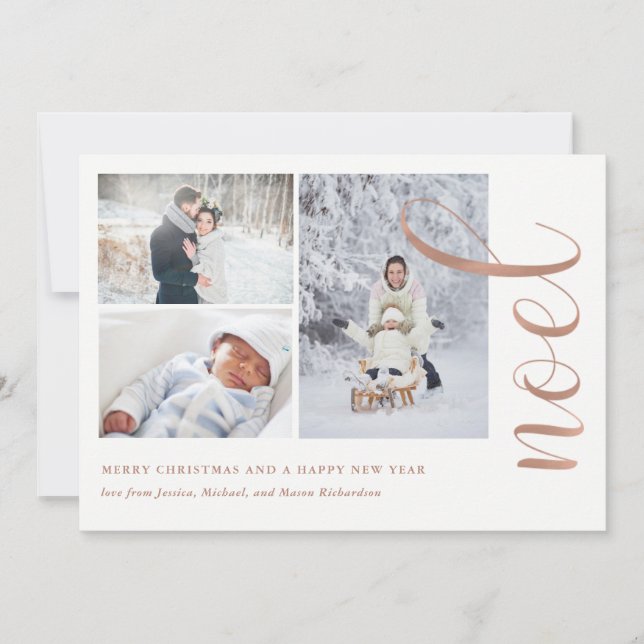 Faux Rose Gold Look | Noel with Photos Holiday Card (Front)