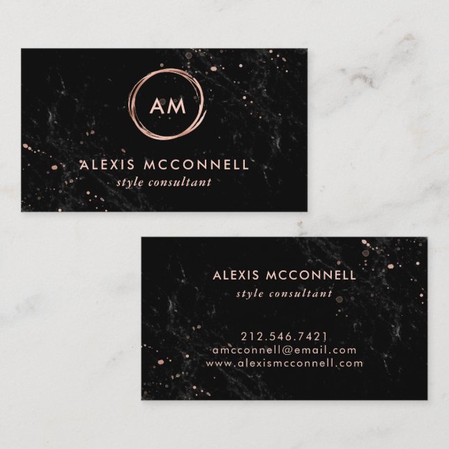 Faux Rose Gold Look on Black Marble | Circle Business Card (Front/Back)