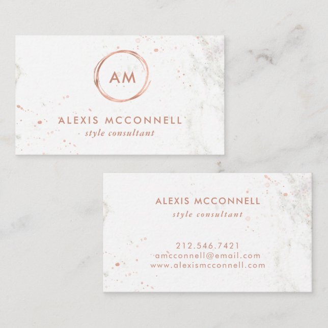 Faux Rose Gold Look on White Marble | Circle Business Card (Front/Back)