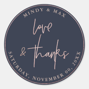 FAUX ROSE GOLD LOVE+THANKS SIGNATURE SCRIPT CLASSIC ROUND STICKER