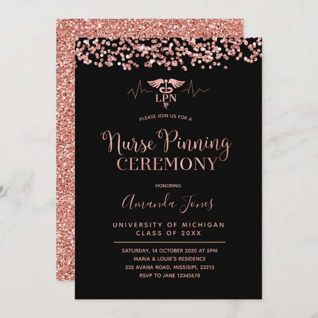 FAUX ROSE GOLD LPN Nurse Pinning Ceremony Invitation (Front/Back)