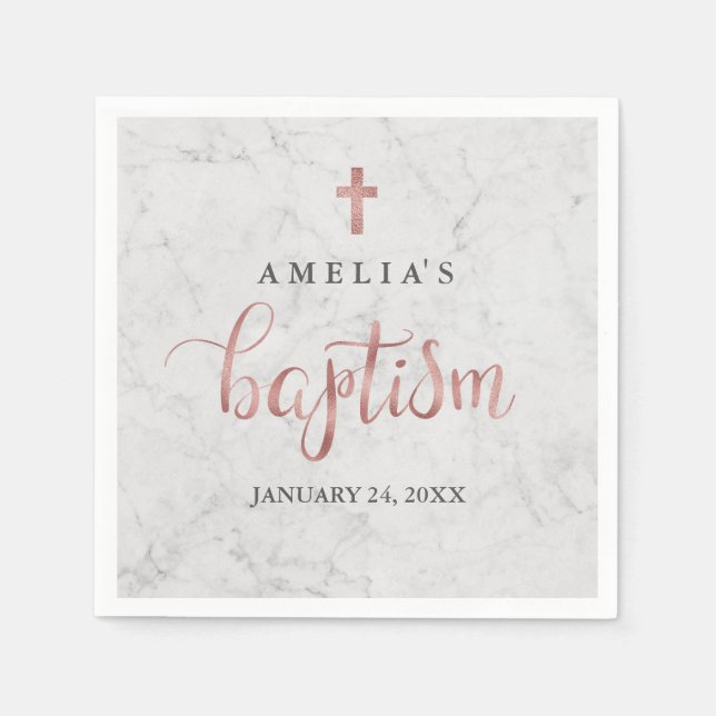 Faux Rose Gold Marble Baptism Napkin (Front)
