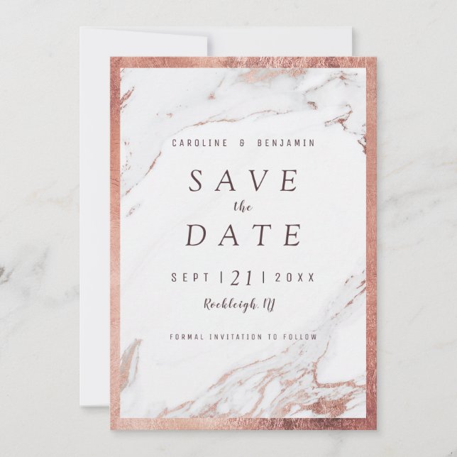 Faux rose gold marble luxury modern save the date (Front)