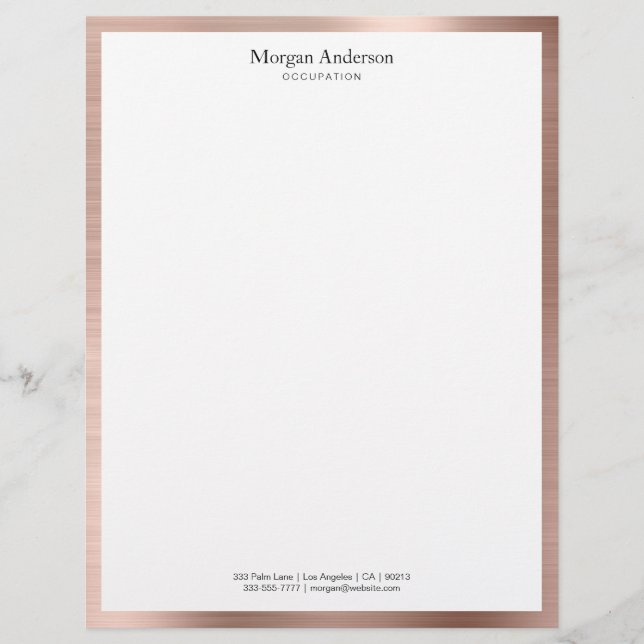 Faux Rose Gold Metal Border, Black Name & Info Custom Letterhead (Front)