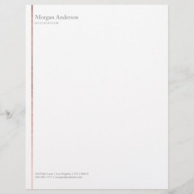 Faux Rose Gold Metal Vertical Line Grey Name/Info Custom Letterhead (Front)