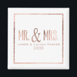 Faux Rose Gold Mr. and Mrs. Monogram Wedding Magnet<br><div class="desc">This elegant and pretty,  faux rose gold foil,  "Mr. and Mrs." personalised magnet is perfect for a memorabilia or keepsake you can keep forever. Remember your special day with this custom print magnet. Just change your names and date to your own and enjoy this gift for many years!</div>