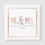 Faux Rose Gold Mr. and Mrs. Monogram Wedding Magnet<br><div class="desc">This elegant and pretty,  faux rose gold foil,  "Mr. and Mrs." personalised magnet is perfect for a memorabilia or keepsake you can keep forever. Remember your special day with this custom print magnet. Just change your names and date to your own and enjoy this gift for many years!</div>