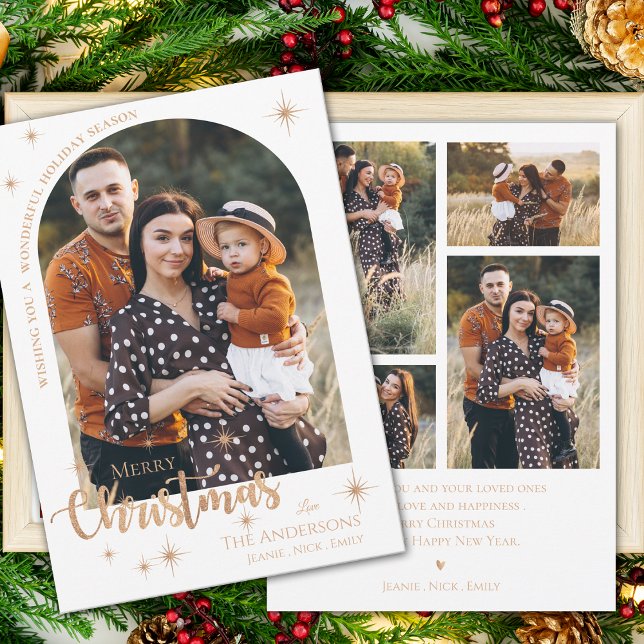 Faux Rose Gold Multi Family Photos Merry Christmas Holiday Card (Faux Rose Gold Multi Family Photos Merry Christmas Holiday Card)