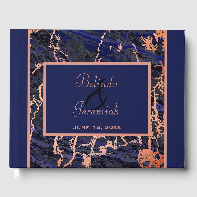 Faux Rose Gold & Navy Marble Wedding Guest Book (Front)
