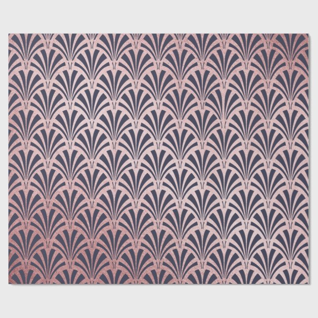 Faux Rose Gold on Midnight Blue Art Deco Fans Wrapping Paper (Flat)