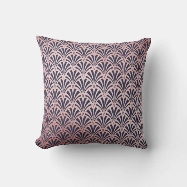 Faux Rose Gold on Midnight Blue Art Deco Pattern Cushion (Front)