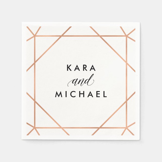 Faux Rose Gold on White Modern Geometric Wedding Napkin (Front)