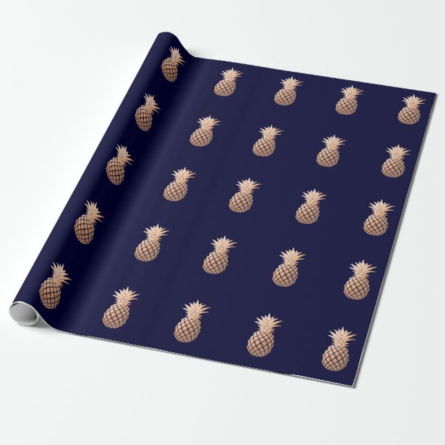 Faux Rose Gold Pineapple on Navy Blue Wrapping Paper (Unrolled)