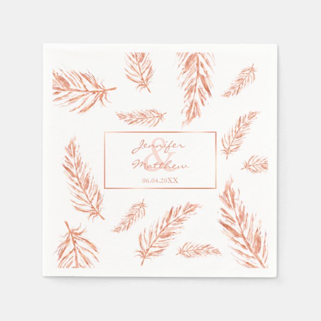 Faux Rose Gold Pink Feathers Wedding Couple Names Napkin (Front)