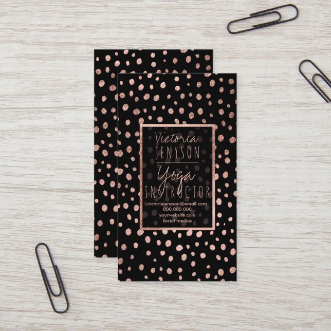 Faux rose gold polka dots black yoga business card (Front/Back In Situ)