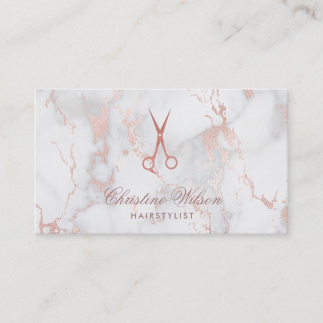 faux rose gold scissors marble makeup artist business card (Front)